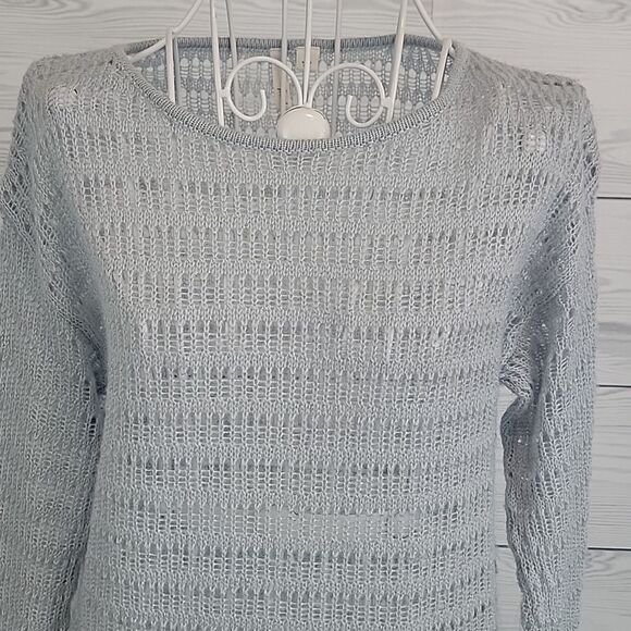 Frenchi Crocheted Knit Pullover Sweater Light Blue Grey Womens Size S - Picture 2 of 10